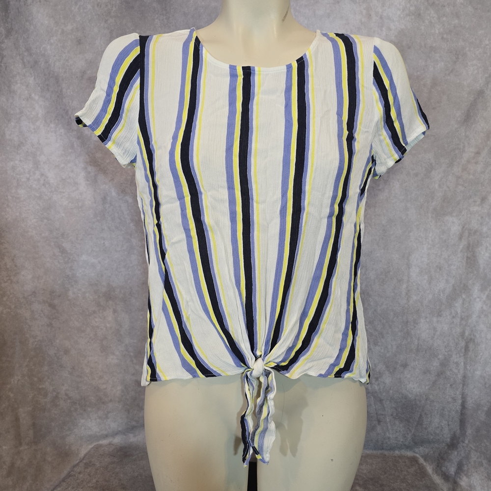 A. Byer Blue and Yellow Striped Tie-Front Tee - Picture 2 of 5
